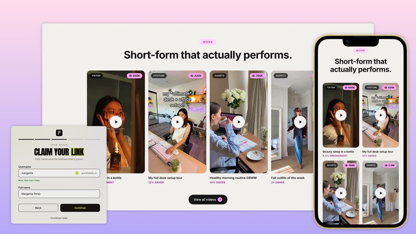 A finished Portfoliofy portfolio shown on a desktop screen and a phone side by side, both open on a section titled "Short-form that actually performs." with a grid of short-form video cards showing view counts. In front of them, a Portfoliofy onboarding card headed "Claim your link" with a username being typed into it.