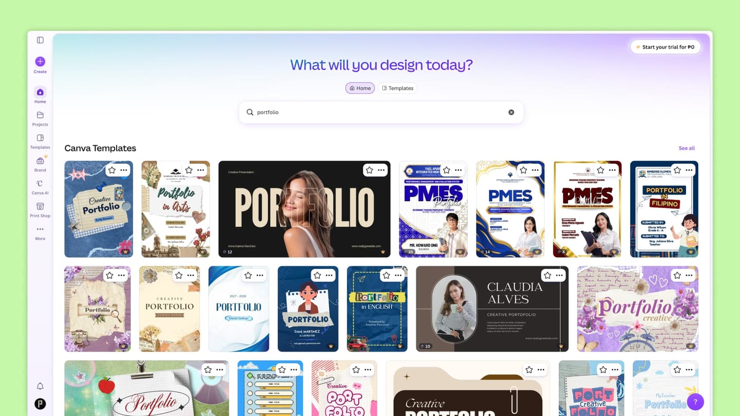 The Canva home screen, headed "What will you design today?", with "portfolio" typed into the search box and a grid of portfolio templates in different styles below it.