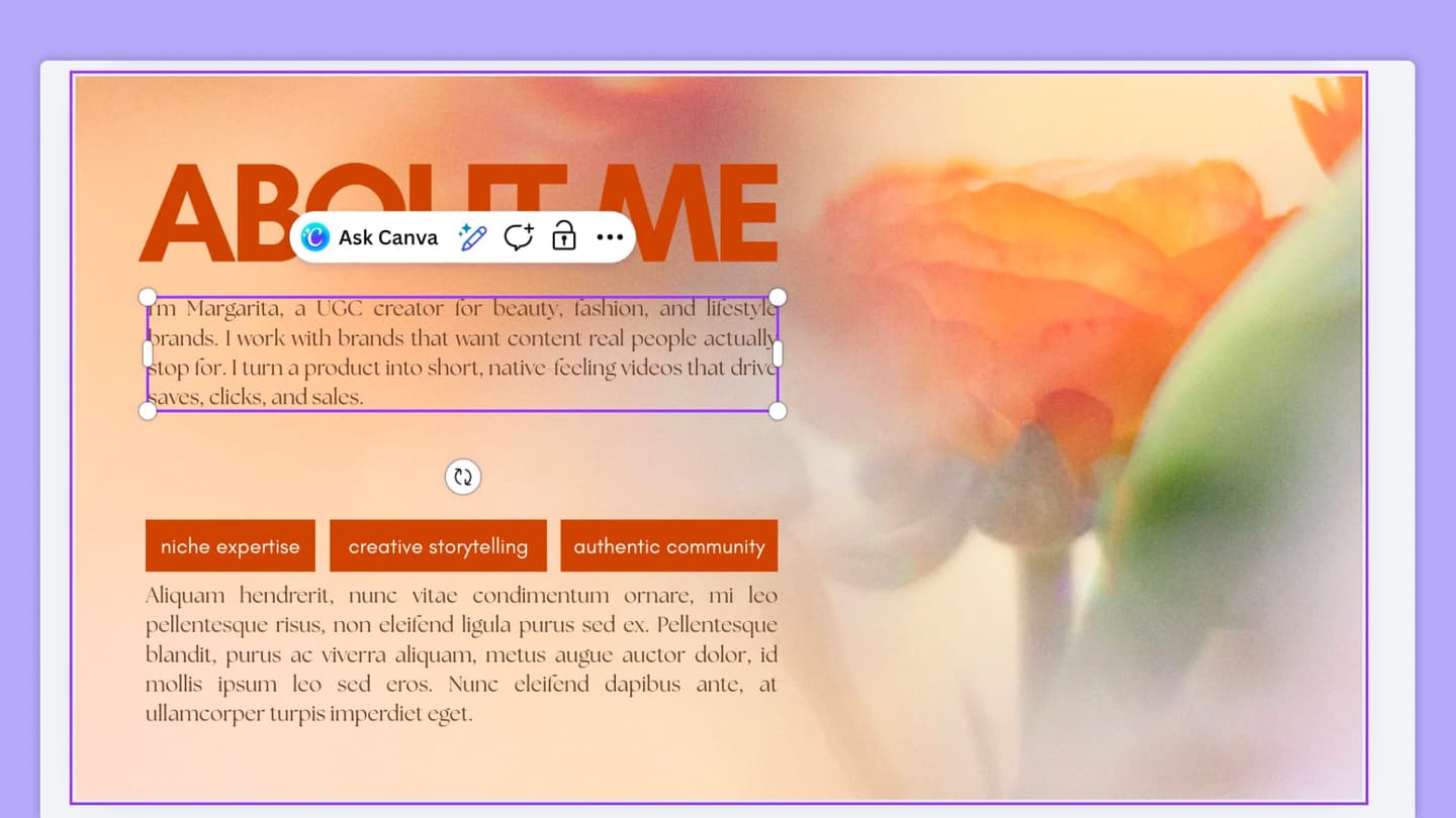 The Canva editor open on an "About me" page. A bio text box is selected, with the Canva toolbar floating above it. The bio describes a UGC creator working with beauty, fashion and lifestyle brands, followed by three tags reading "niche expertise", "creative storytelling" and "authentic community", and then a paragraph of lorem ipsum placeholder text.