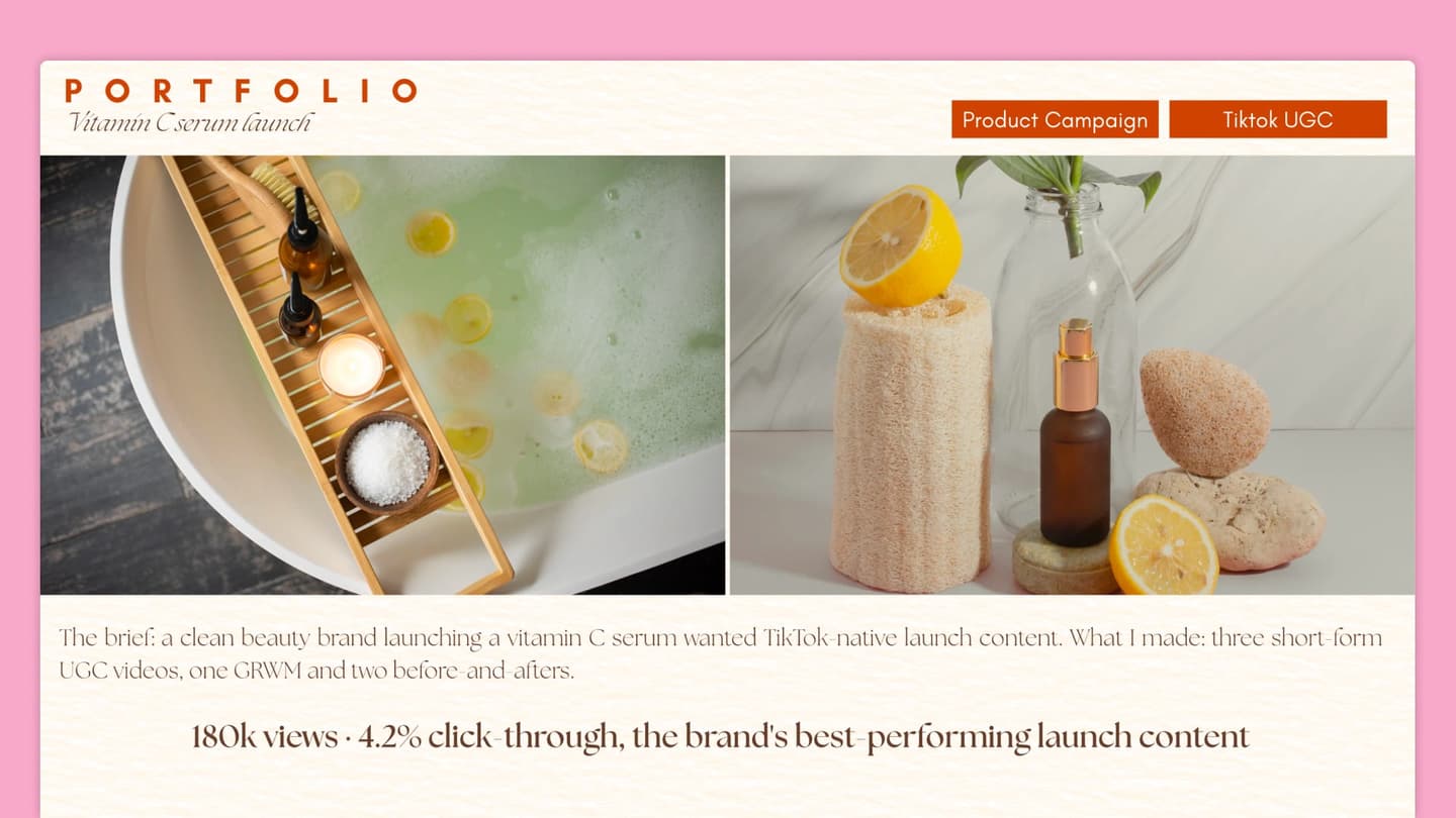 A Canva portfolio project page headed "Portfolio / Vitamin C serum launch", with two photos of a serum bottle, a short description of the brief and what was made, and a large line reading "180k views, 4.2% click-through, the brand's best performing launch content".