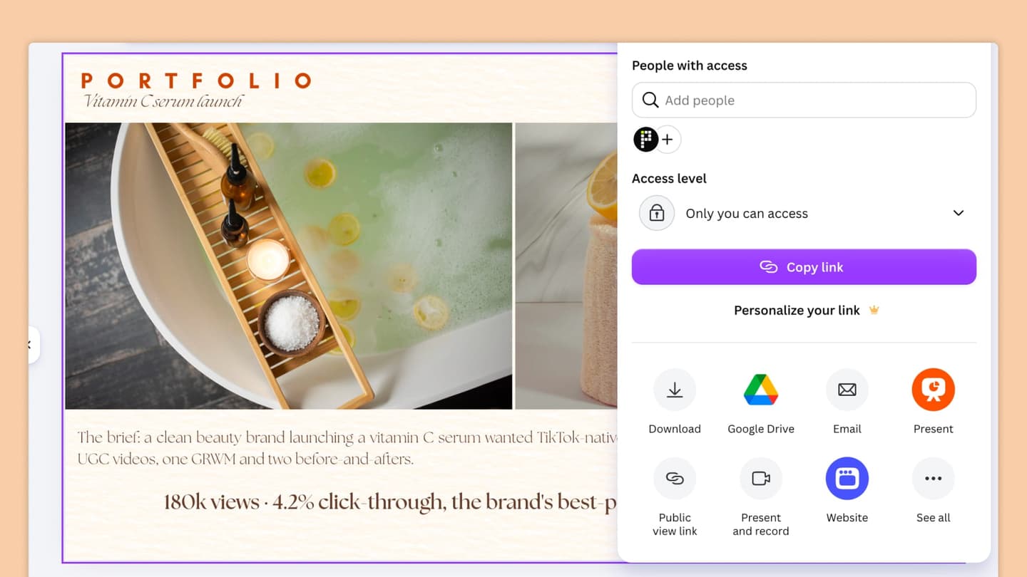 The Canva editor with the share panel open, showing "People with access", an access level dropdown, a purple "Copy link" button, and options for Download, Google Drive, Email, Present, Public view link, Present and record, Website, and See all.