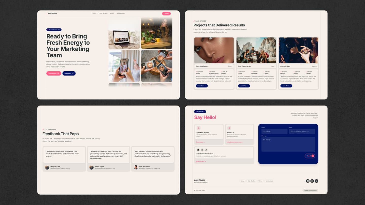 The simple structure of a first portfolio, an intro at the top, a few projects in the middle, and clear contact at the end.