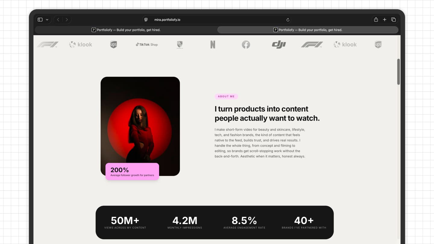 A UGC media kit stats block and brands worked with.