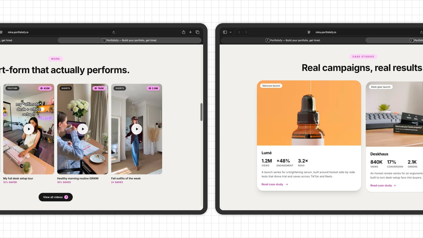 A UGC portfolio work section with a result under each piece.