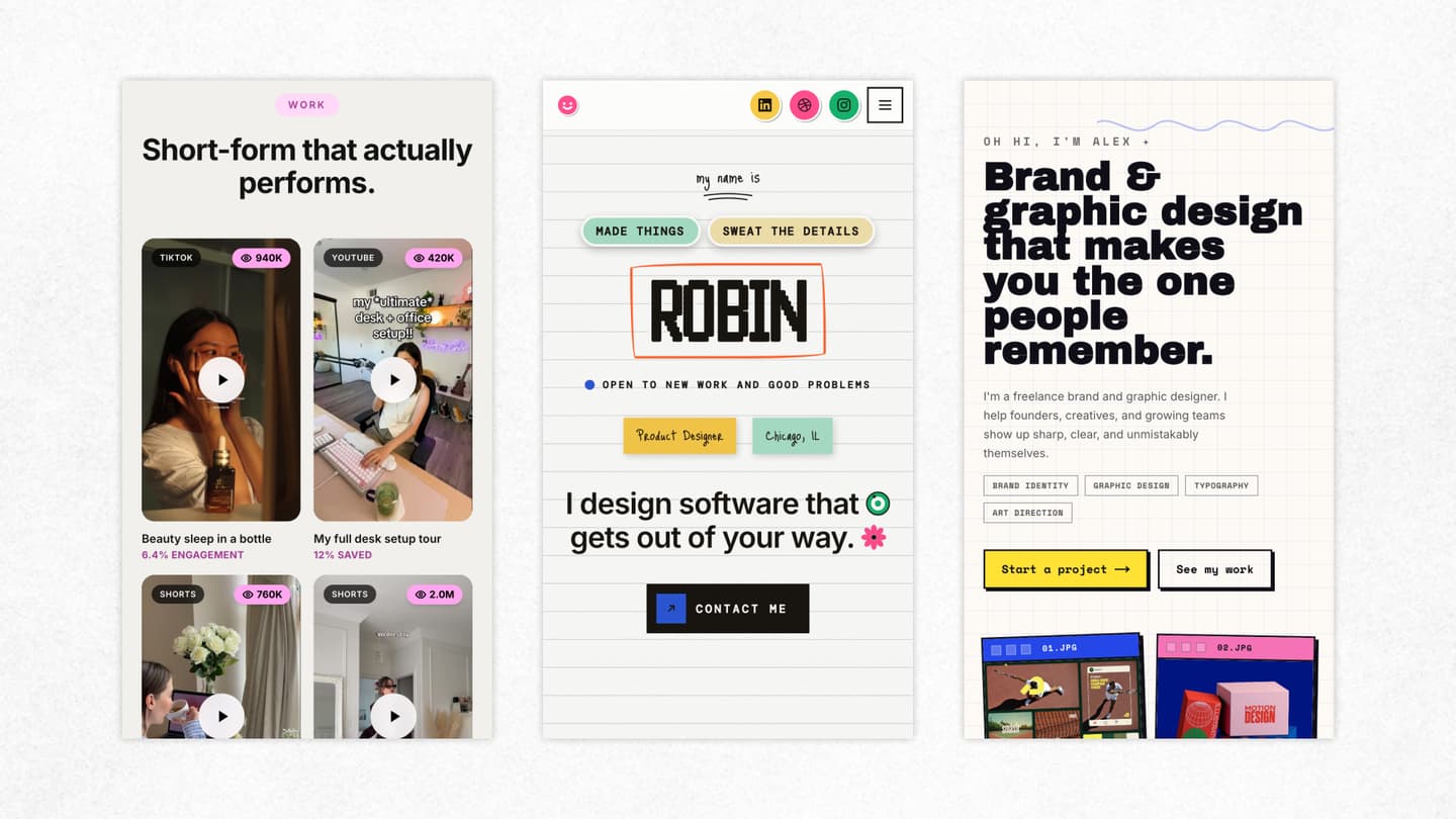 A portfolio rendering cleanly on a phone, with the hero, work, and contact all readable at a glance.